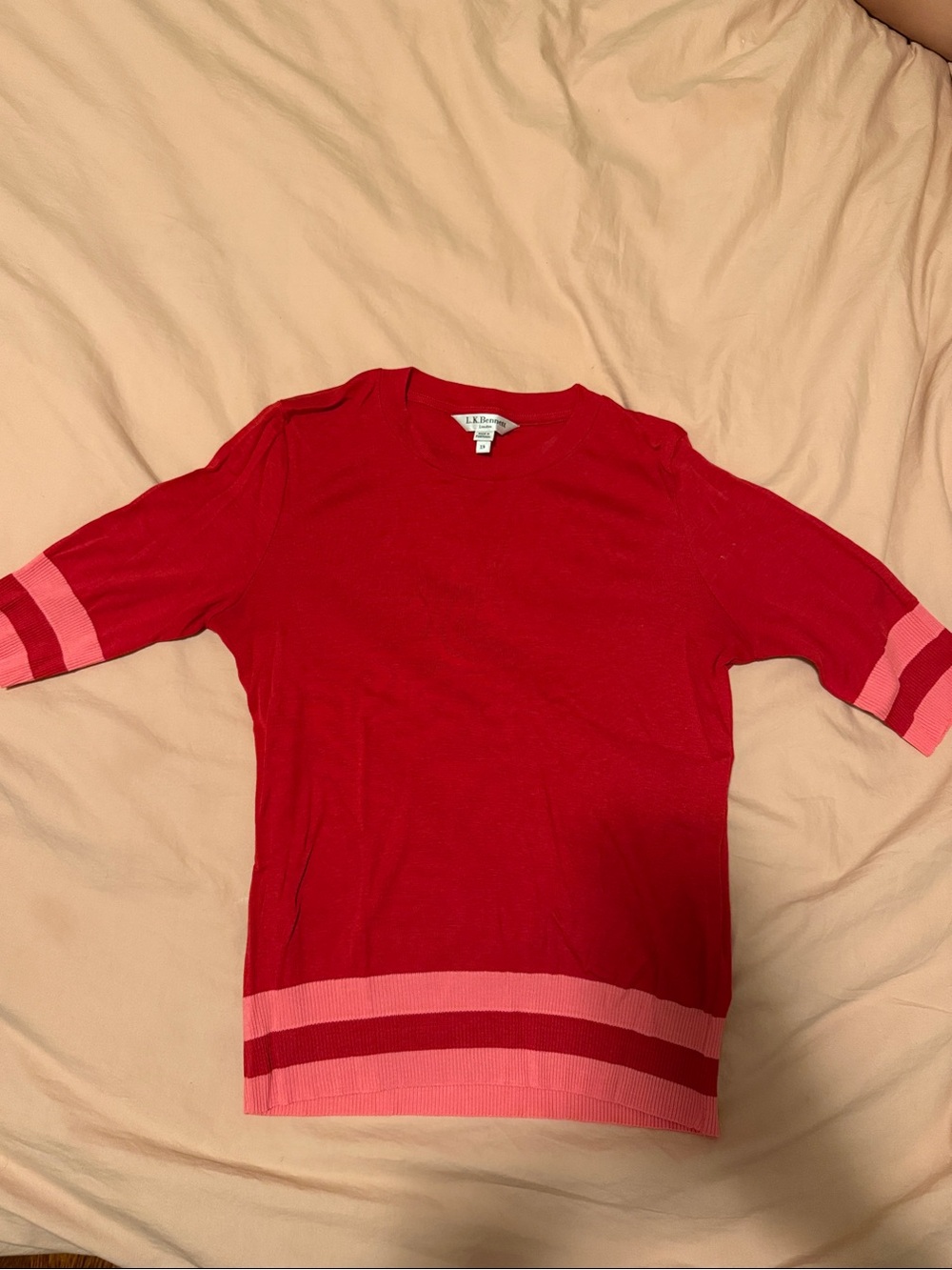 LK Bennett Red Short Sleeve Crewneck Top with Pink Stripe Trim